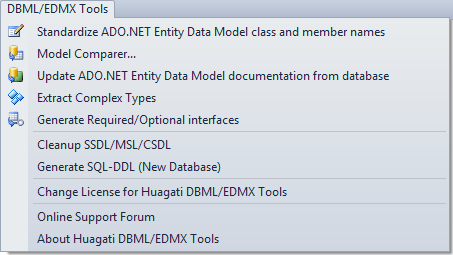 Huagati EDMX Tools adds a DBML/EDMX Tools dropdown menu to Visual Studio's menu bar