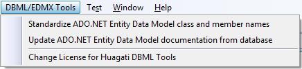 Huagati EDMX Tools adds a DBML/EDMX Tools dropdown menu to Visual Studio 2008's menu bar