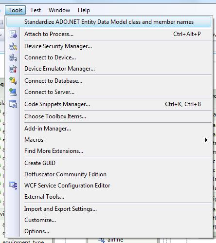 The add-in plugs into the Tools menu in Visual Studio...