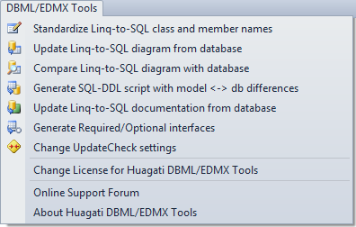 Huagati DBML/EDMX Tools adds a new menu to Visual Studio's menu bar