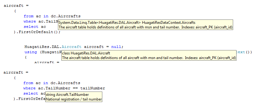 code editor tooltips showing xml doccomments for L2S entity classes, member properties etc